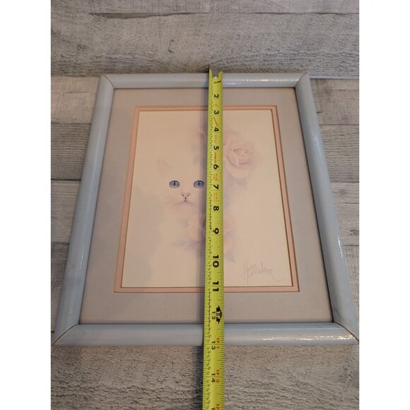 Framed Cat & Roses Print By Harrison With Light Blue Frame 11" X 9" Pastel Tones - Picture 5 of 6